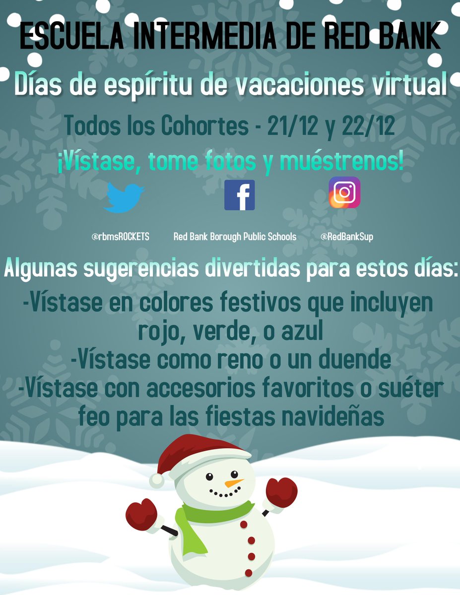 Red Bank Middle (@rbmsrockets) on Twitter photo Come one, come all! ๐ข We hope that you will join us in having some fun and spreading some cheer in RBMS' Virtual Holiday Spirit Days! โ๏ธ๐๐๐ป <a href="/rbmsROCKETS/">Red Bank Middle</a> <a href="/RedBankSup/">Dr. Jared Rumage</a> <a href="/DreamBigRB/">Luigi Laugelli</a> Come one, come all! ๐ข We hope that you will join us in having some fun and spreading some cheer in RBMS' Virtual Holiday Spirit Days! โ๏ธ๐๐๐ป <a href="/rbmsROCKETS/">Red Bank Middle</a> <a href="/RedBankSup/">Dr. Jared Rumage</a> <a href="/DreamBigRB/">Luigi Laugelli</a>