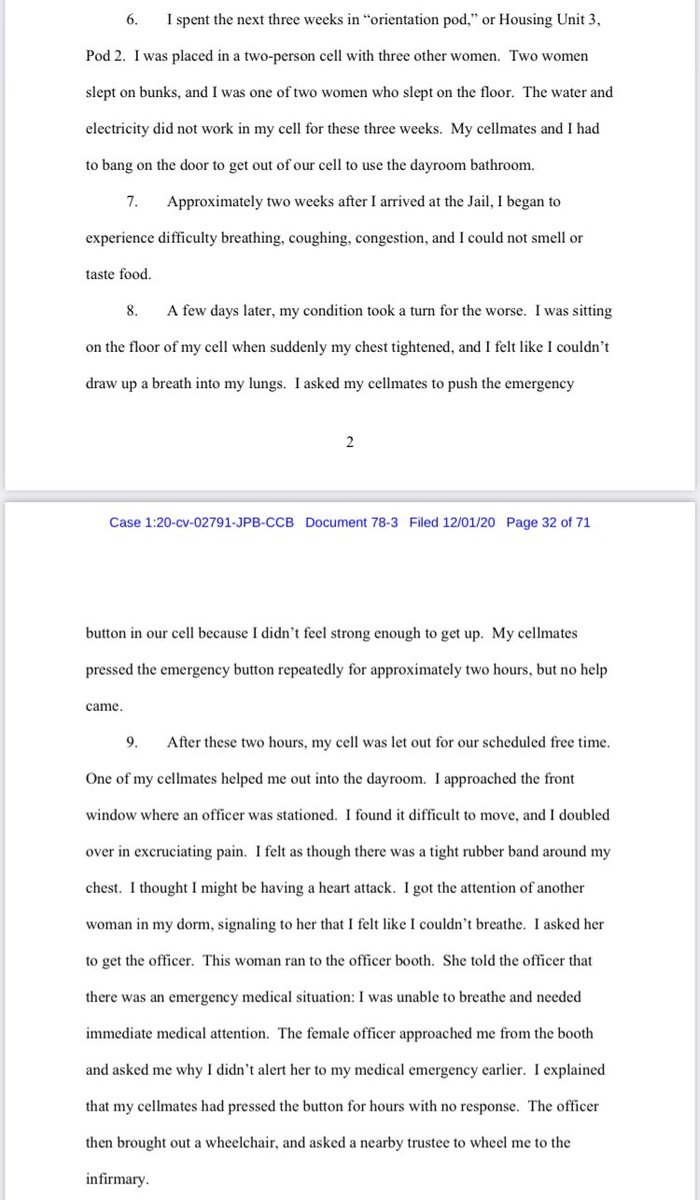 This woman began experiencing severe COVID symptoms — it took a long time to get anyone’s attention; she was taken to medical & confirmed to be having a heart attack. After 48 hours she was returned to general pop, likely contagious. She was never tested, like most with symptoms