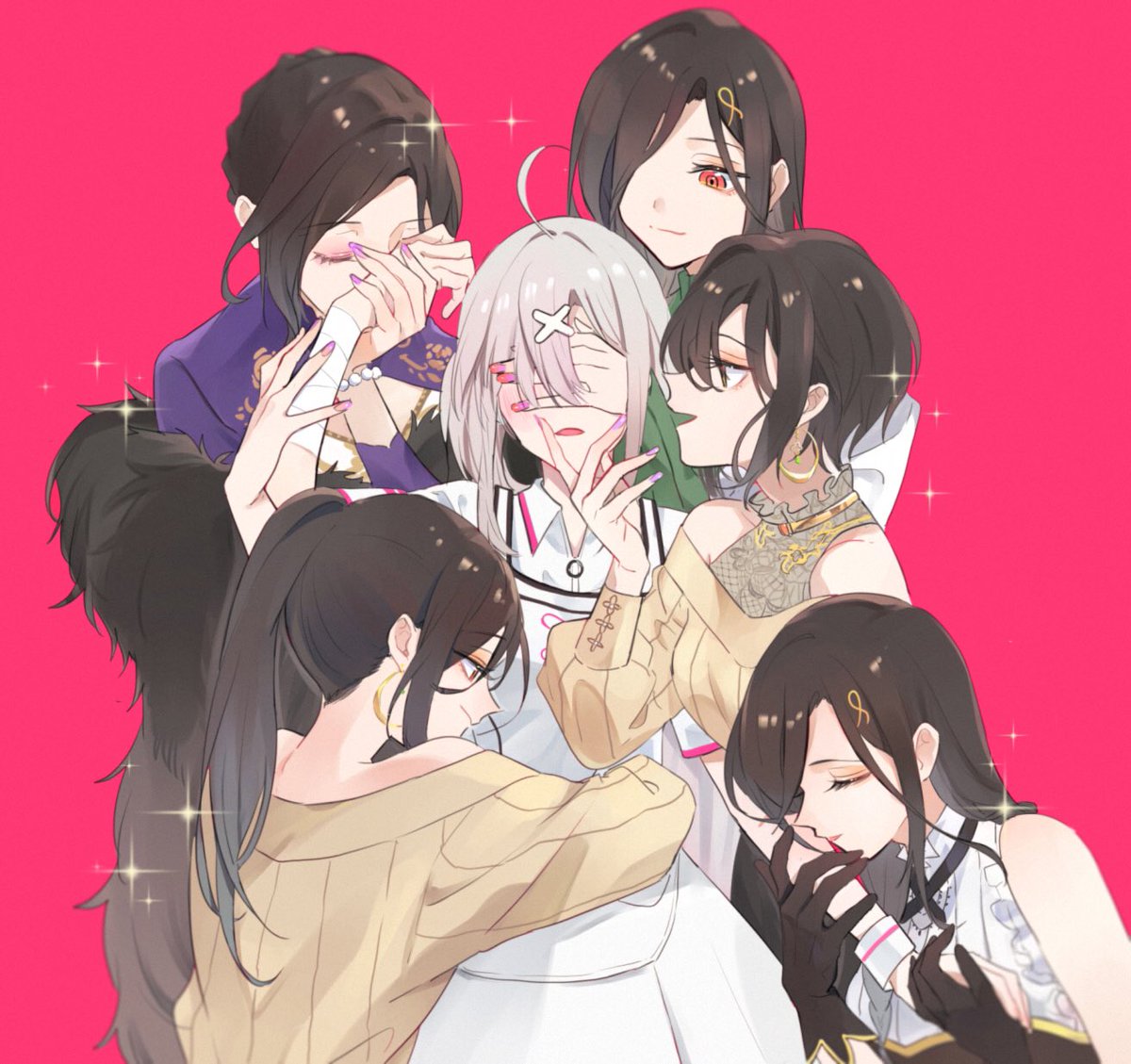 multiple girls yuri kissing hand sweater 6+girls kiss ahoge  illustration images