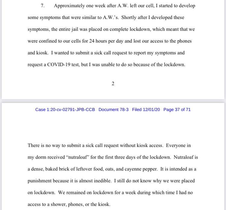 There are hundreds of pages of these declarations collected by my colleagues. They are all as horrifying as the last. This man’s former cellmate had covid symptoms. When he then developed symptoms, he was unable to put in a medical request due to the lockdown.