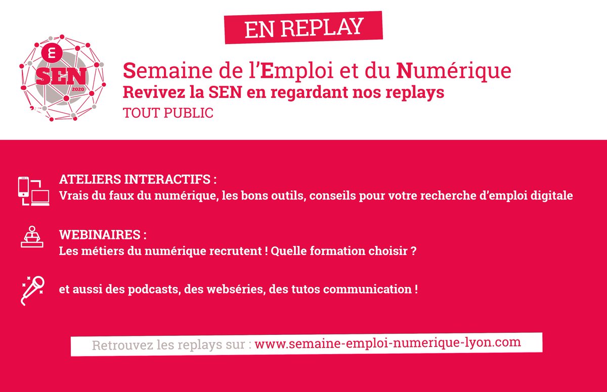 MMIE_LyonMetrop's tweet photo. Vous n'avez pas pu assister à la Semaine de l'Emploi et du Numérique ?😱 #SEN2020
🎥Pas d'inquiétudes !📺Vous pouvez revivre la #SEN2020 à tout moment grâce aux replays : https://t.co/xtbcC9H8xf https://t.co/YUFeoLd5hD
