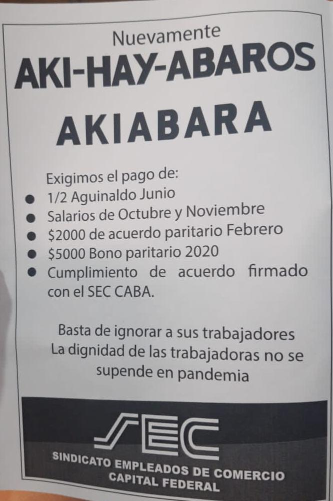 GSindical's tweet photo. El Sindicato de Empleados de Comercio de Capital Federal se declaró en estado de alerta y movilización por diversos incumplimientos de la empresa Akiabara: debe salarios de octubre y noviembre, medio aguinaldo de junio, bono paritario de $20.000, entre otros ítems salariales. https://t.co/yka0SpVyYw