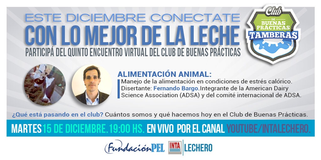 🗓️Mañana no te pierdas nuestro último #EncuentroVirtual 💻del año con un tema clave para las #BuenasPrácticas en nuestros #tambos🐄: el manejo de la alimentación en condiciones de #EstrésCalórico☀️🌡️

🗣️Con un invitado de lujo
<a href="/FernandoBargo/">Fernando Bargo</a>

Por el canal YouTube de @INTA_Lechero