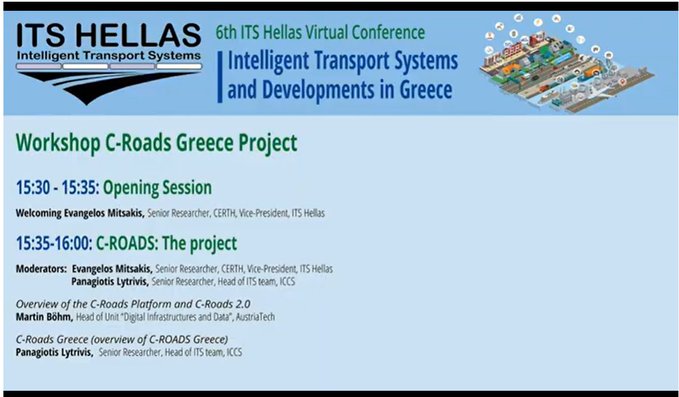 Paving the way for large-scale deployment of #interoperable C-ITS services in #Greece,the #6th_ITSHellas_Virtual_Conference and <a href="/cRoadsGreece/">C-ROADS Greece</a> introduce the Greek pilots that will expand the capabilities of our #roadnetworks  <a href="/lytrivis/">Panagiotis Lytrivis</a> <a href="/ypomeofficial/">Υπουργείο Υποδομών & Μεταφορών</a>  <a href="/attikesdiadr/">Attikes Diadromes</a> #EγνατίαΟδός