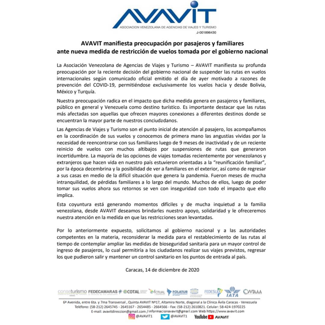 AVAVIT1's tweet photo. Comunicado oficial de AVAVIT ante la nueva medida de restricción de vuelos tomadas por el Gobierno Nacional. #AVAVIT #SoyAVAVIT #AgenciasDeViajesYTurismo #ReinicioDeVuelos https://t.co/WUID5oN4kQ