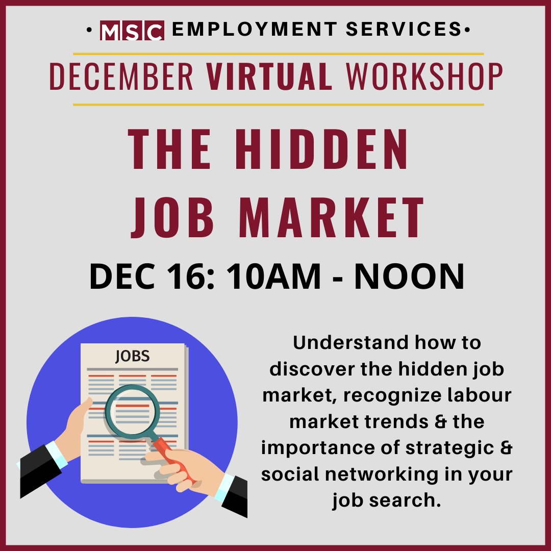 MSCTillsonburg's tweet photo. ❗❗DON'T FORGET❗❗ Our (Virtual💻) Accessing The Hidden Job Market Workshop is happening Wednesday from 10AM-NOON.

Learn how to discover the hidden job market and utilize your resources in your job search! 📄✏️

REGISTER by Dec 14 at 1:00PM ✔️
https://t.co/AO4czQSlIr https://t.co/oGkA6dXHY7