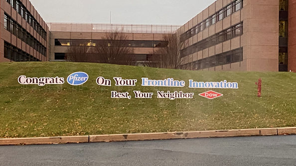 AlbertBourla's tweet photo. Terrific to see this message outside our office in Collegeville, PA. I’m sure it brought #joy to our colleagues there. Thanks for being a great neighbor @DowNewsroom @JimFitterling https://t.co/qxWVWmr4CO