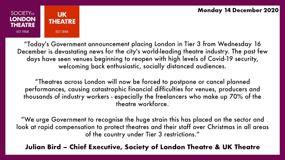 london_theatre's tweet photo. A statement from @julianpbird on London entering Tier 3. 
Find out more about the announcement &amp; what to do if you have tickets 👉 https://t.co/6CDOLBC6pN
#SeeItSafely https://t.co/zRA8PvBWbU