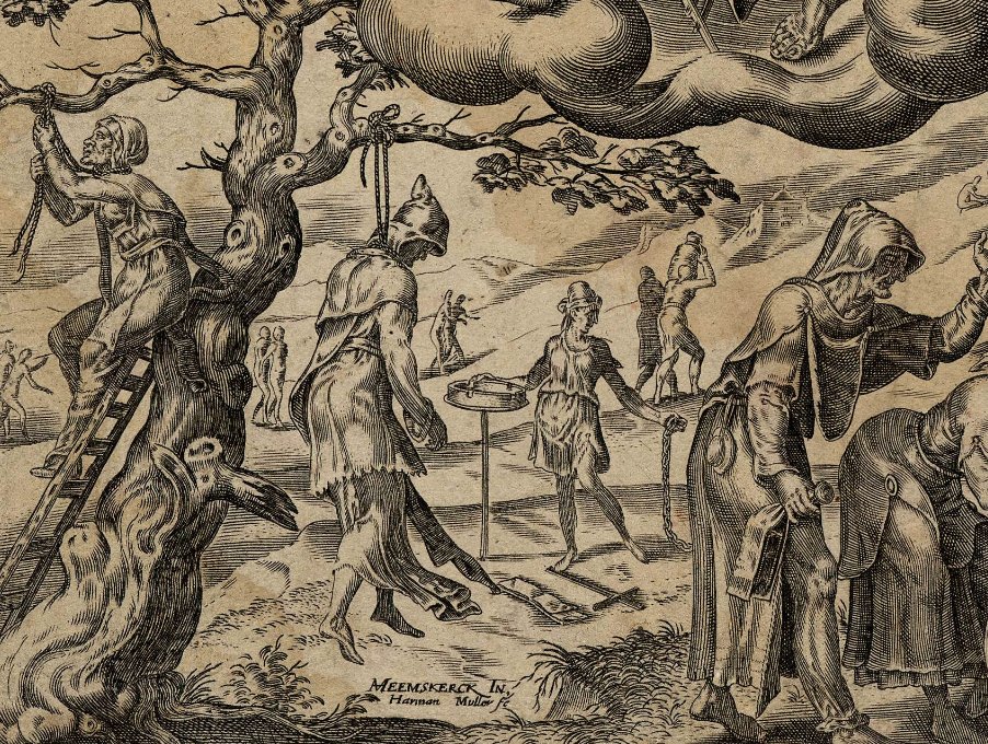 The violent side of Melancholy. 
Here, Saturn, the God of melancholy, devours one of his sons, while men hang themselves from a tree and man tries to measure the globe with a right angle.
Engraving by Harmen Jansz Muller (1566) after: Maarten van Heemskerck