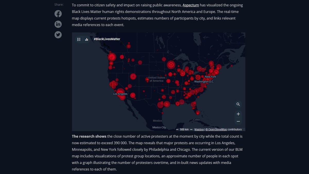 "The real-time map displays current protests hotspots, estimates numbers of participants by city..."Here's how Aspectum has visualized Black Lives Matter demonstrations in June. It's not clear whether they included smartphone/location data here, though:  https://aspectum.com/blog/aspectum-visualized-black-lives-matter-protests/