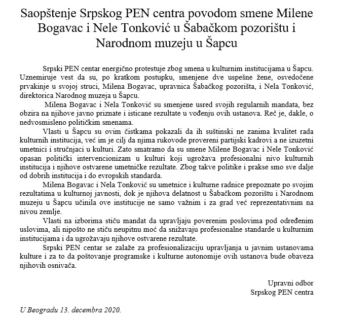 PENcentarSrbija's tweet photo. Saopštenje Srpskog PEN centra povodom smene Milene Bogavac i Nele Tonković u Šabačkom pozorištu i Narodnom muzeju u Šapcu 👇 https://t.co/bZcawg83a8