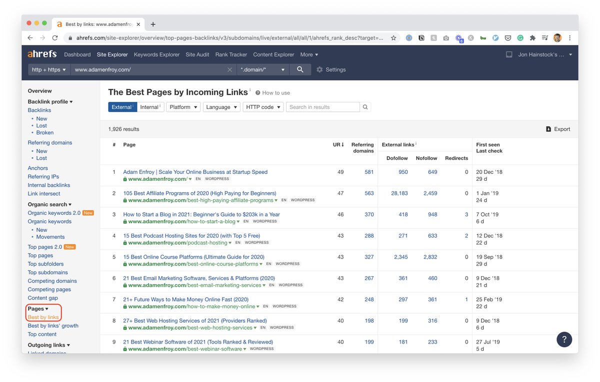 Here's an example of the report you want to use from  @ahrefs. This example analyzes  @AdamEnfroy's most popular pages by incoming links. This report helps you identify proven, link-worthy topics.