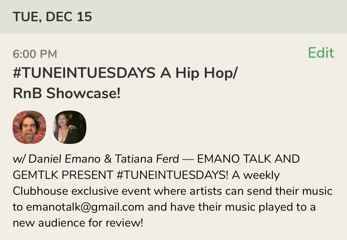 EMANOTALK's tweet image. Tomorrow! Emano and @hightatyy host the first official #TUNEINTUESDAYS on Clubhouse at 6 PM EST! Send music to emanotalk@gmail.com to have your music shared and reviewed for free. Spots are limited so act fast!