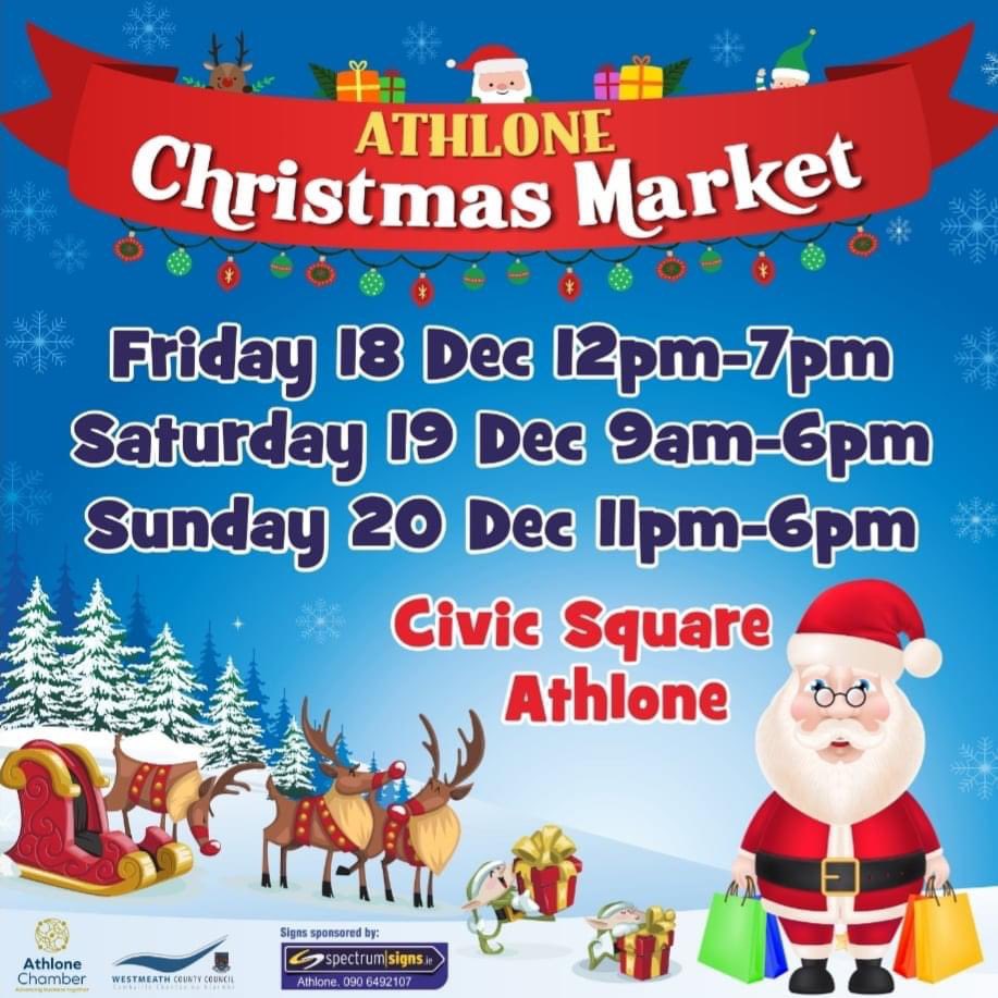 🎄Athlone Christmas Market 🎄

Opening this Friday at at 12p.m. until 6p.m. on Sun 20th Dec in the Athlone Civic Square. 

The 10 attractive timber market cabins create a marvellous festive atmosphere and will compliment, array local produce. 
#athlone #shoplocalireland