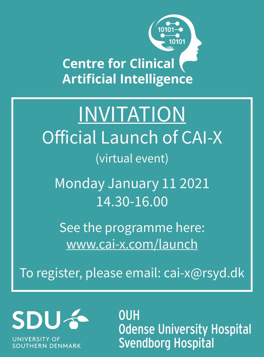 D. 11/1 lancerer vi CAI-X, et nyt center for klinisk AI mellem OUH og @SyddanskUni. CAI-X skal styrke AI-forskningen gennem stærkt samarbejde mellem klinisk hverdag og teknisk ekspertise. Eventet er for alle. Se program på cai-x.com/launch -se invitationen her 👇