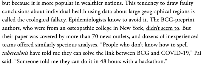 Or possibly my absolute favorite, where  @paimadhu, an expert who has studied TB for decades, regales us with a story about how some overconfident tech/data person claimed to solve the connection between the BCG vaccine and COVID with a 2 day hackathon.