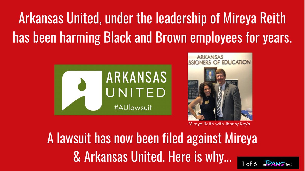 intransitiveAR's tweet image. A lawsuit has been filed against @ARimmigrants for abuse against employees. 

Help hold Mireya Reith and Arkansas United accountable. #AUlawsuit

(a thread 1-6)