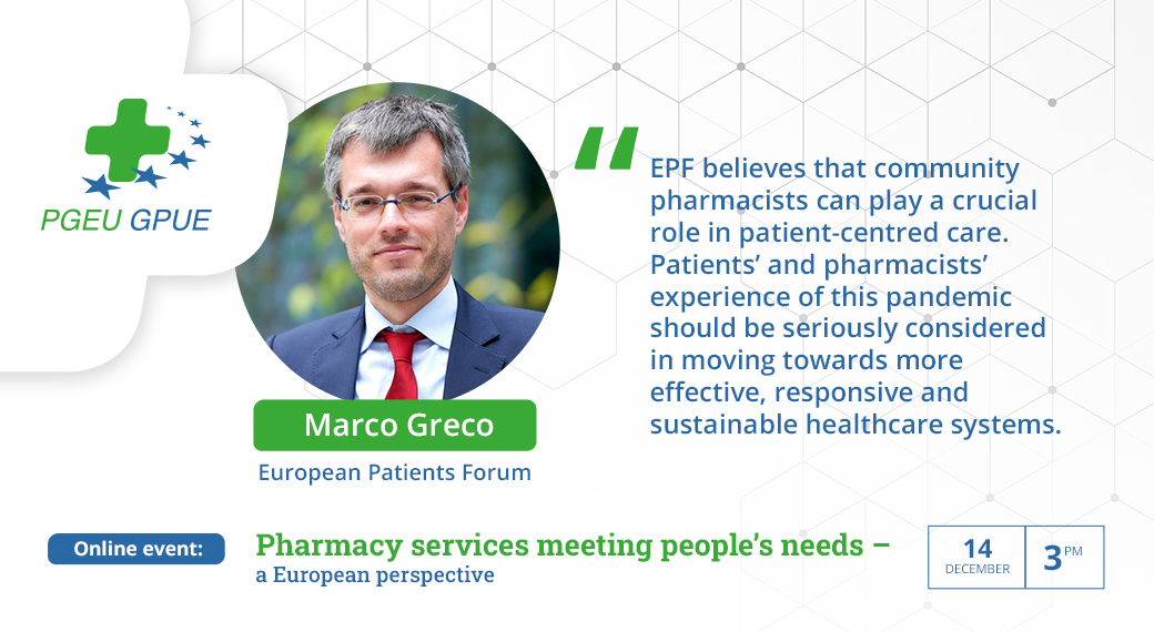 PGEU's tweet photo. Marco Greco, President @eupatientsforum comments on the needs and expectations of patients in relation to #pharmacyservices. #COVID19 https://t.co/KOWmWar93l