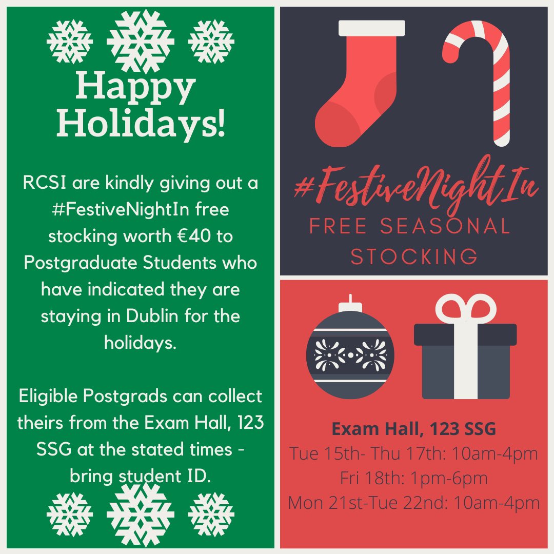 RCSIPGSU's tweet photo. #FestiveNightIn stockings for postgrad students who have indicated they are staying in Dublin for the holidays are available for collection from tomorrow in the Exam Hall, 123 SSG 10am-4pm - bring your student IDs! 🎁 @RCSI_Irl https://t.co/xTwokJtGt7