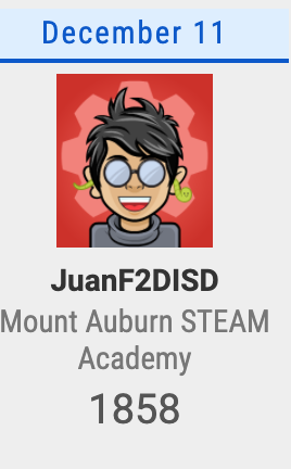 DCBrown_STEM's tweet photo. Mount Auburn STEAM Academy @Mount_Auburn did it big by taking the top spot in the December 11 warm-up competition. Two days left in the @disdstemmath Virtual Math Olympiad! 
See https://t.co/E9AQYbIeVx for daily updates.
@DimensionU @DallasisdSTEM @dallasschools https://t.co/oku3T6somL