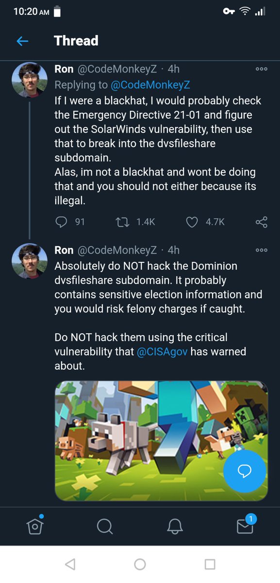 Updates on the Dominion vulnerability via SolarWindsVia bomb dot com  @CodeMonkeyZ  https://twitter.com/CodeMonkeyZ/status/1338431708496945157?s=20