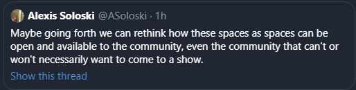 travisbedard's tweet photo. Maybe there should be a hashtag for evangelising the need for theatre spaces to leverage their real estate as an always available community hub in addition to their theatrical offerings?
.
.
.
.
.
.
.
#neverbedark https://t.co/x5Y46ENCAC