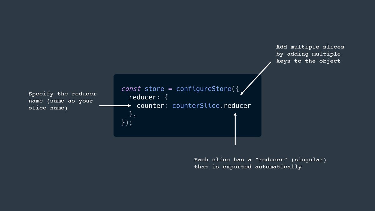 3/10Add the slice to your store by adding the "reducer" from the slice to the "reducer" in the storeThe slice ".reducer" (singular) is auto-created when you define your "reducers:" (plural) in the slice