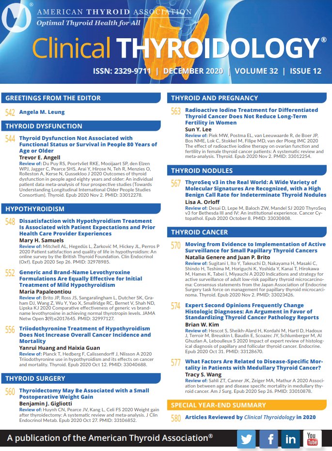 clinicalthyroid's tweet photo. Announcing our last issue in 2020! Includes a special summary recapping all our highlights from the clinical thyroid literature this year.
https://t.co/FnD6aWAjwu
#AmericanThyroidAssociation #ClinicalThyroidology #ATAthyroid2020 #endotwitter #medtwitter https://t.co/zL0Byz1e4k