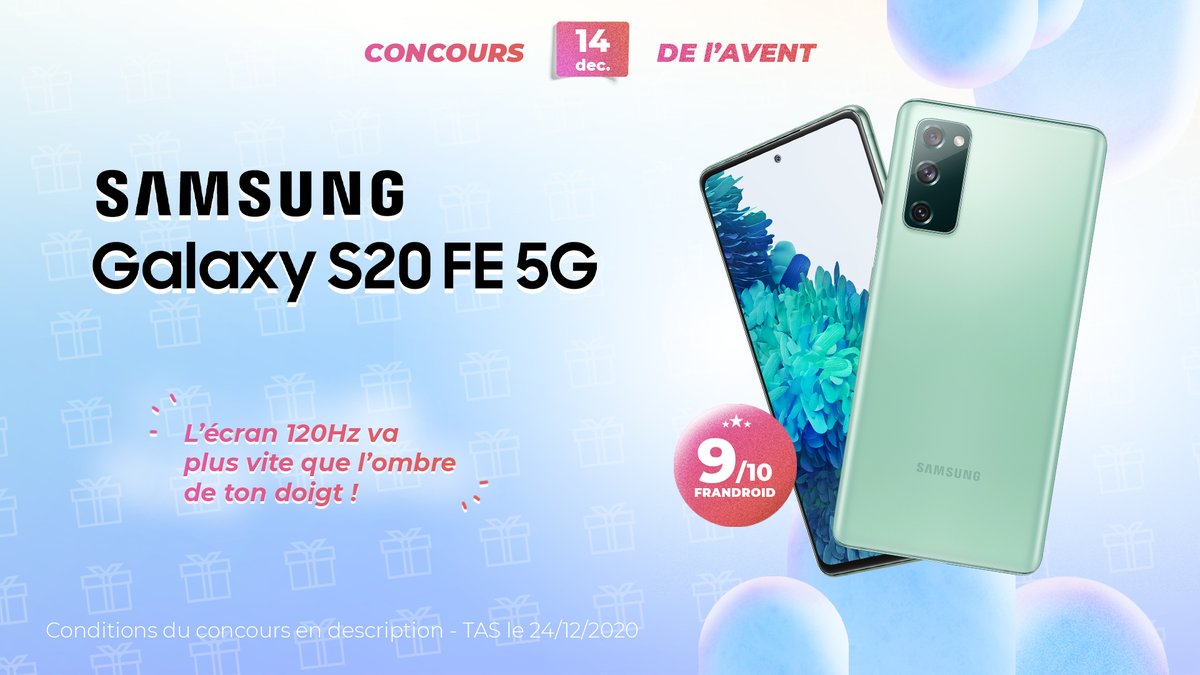 #CONCOURS Jour 14 😁

Gagnez un Samsung Galaxy S20 FE 5G Cloud Mint 📱

Pour participer :
1⃣ Tweet #FrandroidOffreMoi le S20 FE 🎉
2⃣ RT + Like
3⃣ Follow <a href="/Frandroid/">Frandroid</a> &amp; <a href="/SamsungFR/">Samsung FR</a>
