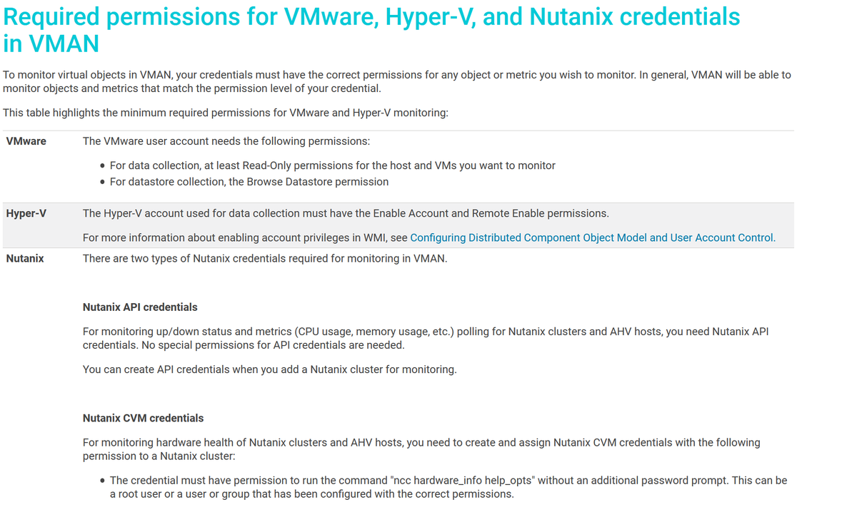 Monitoring VMWare virtual machines should only require Read-Only permissions. Are you confident this is how it was configured? https://documentation.solarwinds.com/en/Success_Center/VMAN/Content/VMAN-Required-permissions-for-VMware-and-Hyper-V-credentials.htm