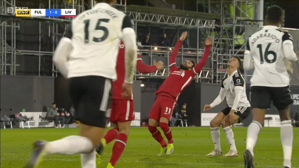 Fulham goal. If you watch in real time the contact by Antonee Robinson on Mo Salah is minimal. The images paint a misleading picture.The contact in image 1 doesn't warrant the exaggerated reaction in image 2. Salah tried to buy a foul here and the goal should stand.