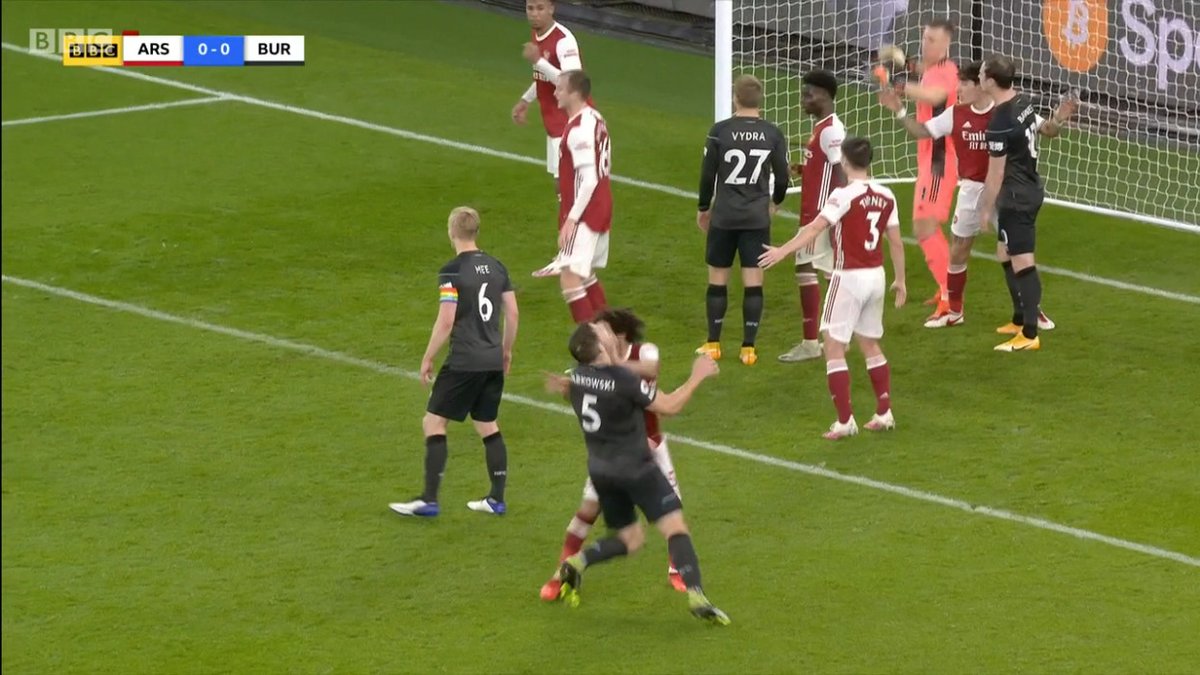 I was stunned that the VAR, David Coote, didn't recommend a red card review for Mohamed Elneny.It was a premeditated act, and Elneny sent James Tarkowski to the floor by pushing his face back from his chin. Amazing he got away with it. It was worse than the Granit Xhaka red!