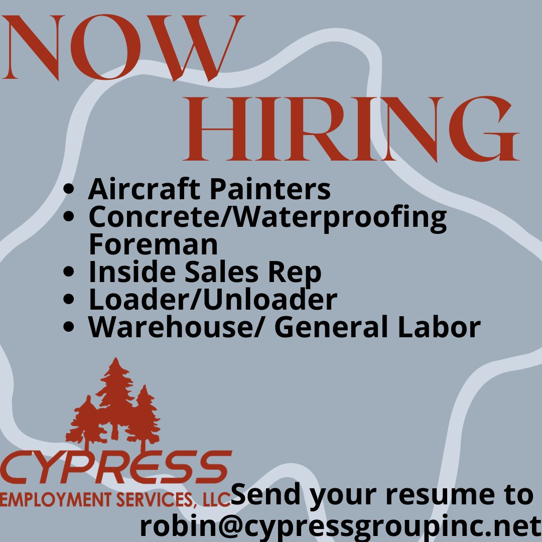 cypressemployme's tweet photo. Cypress Employment Services has clients in various locations hiring for different positions!   #hiring #recruiting #jobseeker #jobsearch #lookingforwork #needwork #hireme #alabamawork #alabamahire #painters #concrete #foreman #sales #loader #unloader #warehouse #general #labor https://t.co/KrnLUqkdn7