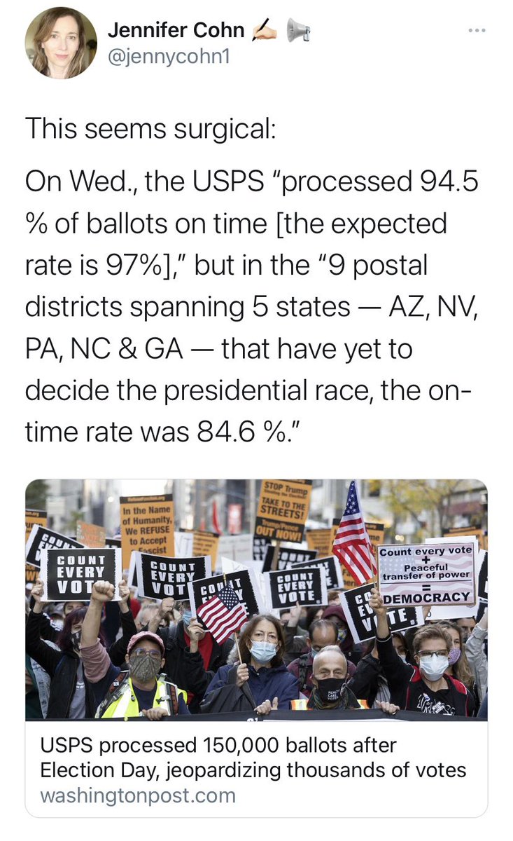 Remember how Trump’s hand picked Postmaster General, a Trump mega donor, kneecapped the USPS knowing that more Democrats than Republicans would vote by mail this election? 7/  https://www.washingtonpost.com/business/2020/11/05/usps-late-ballots-election/