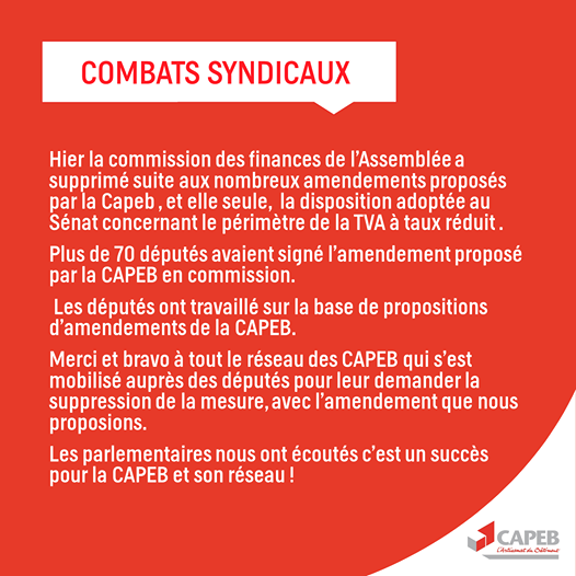 Bravo au réseau CAPEB pour cette victoire !
#artisanat #batiment #tva