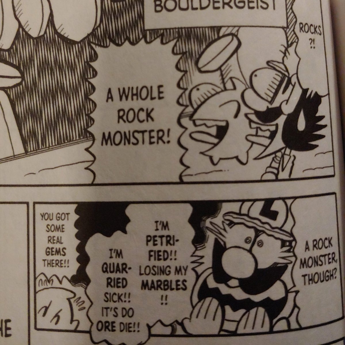 6/ In this panel from the Bouldergeist chapter (from Galaxy), Luigi just ends all his exclamations with "-iwa" (boulder). ("Sugoi wa!! Kowai wa!! Osoroshii wa!!)