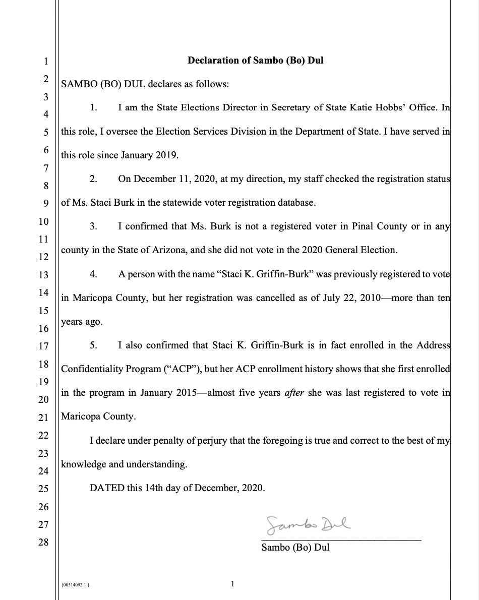 Plot twist in Kraken 2.0 election suit scheduled for hearing in Pinal Cty Sup Court today: SOS office has filed declaration from elections director stating plaintiff is not a qualified elector in AZ. (State law says election contests can be brought by an 'elector of the state.')