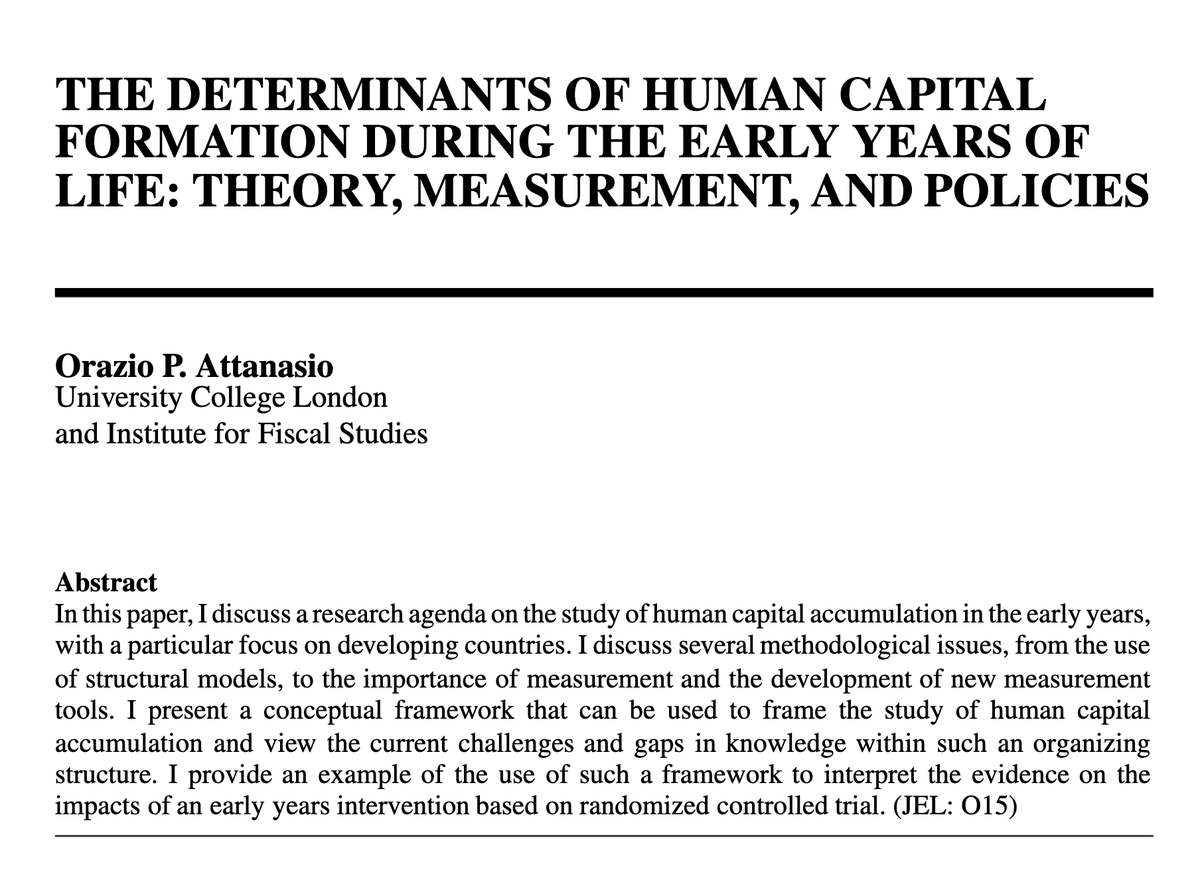 The first lecture was on: “The determinants of the education decisions”.  @orazio_at (2015) EEA Presidential Address is a great way to set up an overarching conceptual framework and identify the main methodological issues on the topic. (2/12)