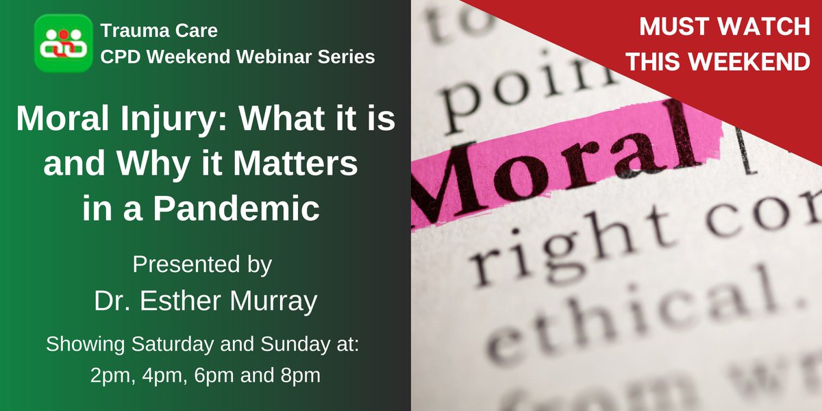 TraumaCareUK's tweet photo. Weekend CPD Rerun...
This weekend we will be replaying the #CPD webinar by Dr. Esther Murray on the topic of "Moral Injury" and why it matters in a pandemic! Will you be joining us?
Available all weekend!
Book Now & RT: https://t.co/NUJoKbtCqO
#TRAUMACARE2020 #WeekendMatinee https://t.co/iQ1Dh97b5A
