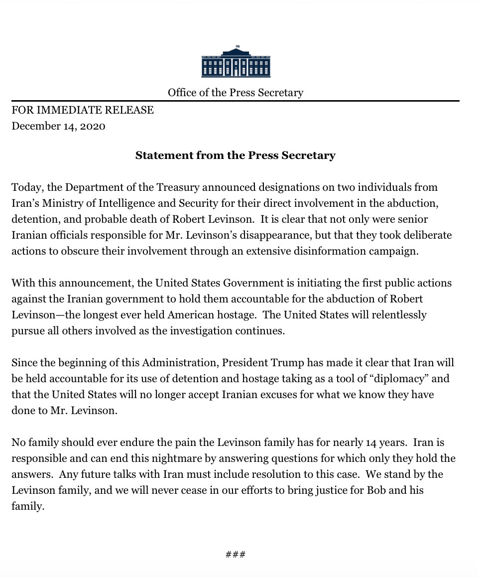 White House announces no further talks with Iran until Iran resolves questions surrounding their detention and possible killing of American Robert Levinson. 

"Any future talks with Iran must include resolution to this case."

<a href="/OANN/">One America News</a>