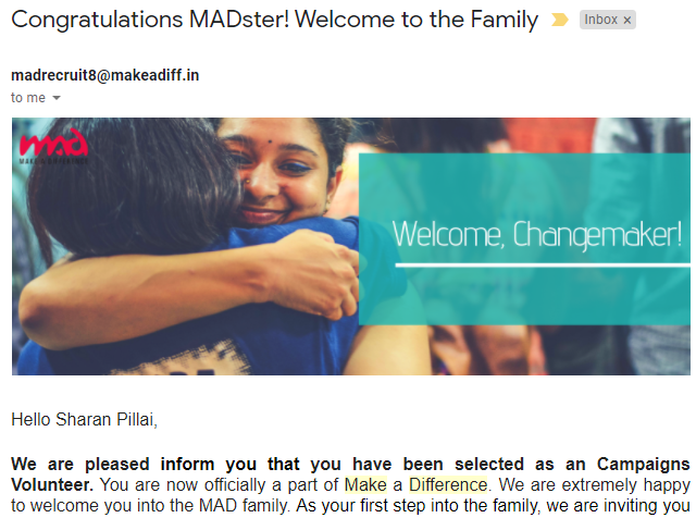 SharanPillai's tweet photo. Honoured to be included in the Make A Difference (MAD) community as a Campaign Volunteer with so many 'MADsters' who are positive forces in this world!
#NGO #CampaignVolunteer https://t.co/EICrNA2TeQ