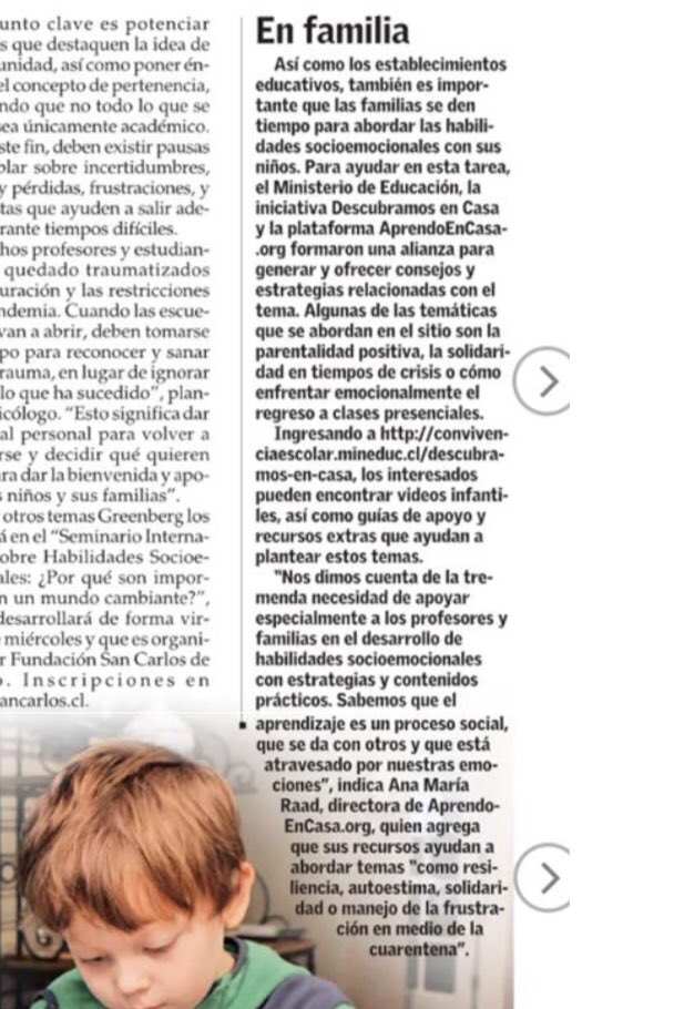 El aprendizaje es un proceso social y emocional, que requiere del desarrollo de habilidades como la confianza en si mismo, la autogestión, resiliencia, etc. Mi opinión hoy en <a href="/VCT_ElMercurio/">VCT El Mercurio</a> a propósito de la iniciativa conjunta con <a href="/Mineduc/">Ministerio de Educación</a> <a href="/Aprendoen_casa/">#AprendoEnCasa</a> #DescubramosEnCasa