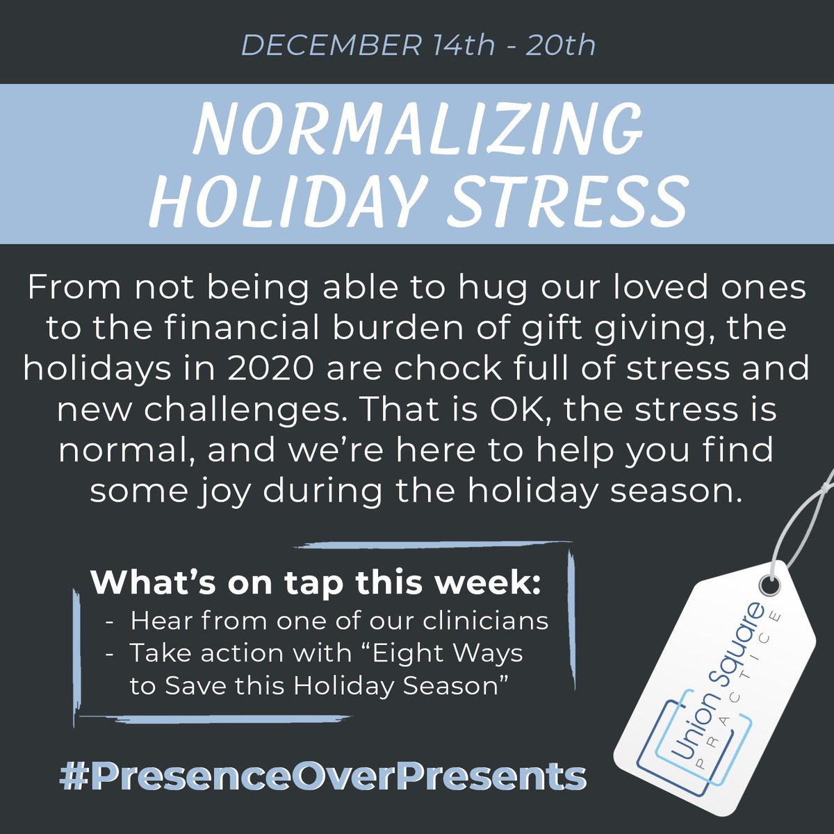 USPractice's tweet photo. 2020 has been full of different kinds of stress and challenges for all. We are here to let you know that it is completely normal, as well as help you find joy this holiday season. Stay tuned this week for more! #PresenceOverPresents https://t.co/kpUnAXke9d