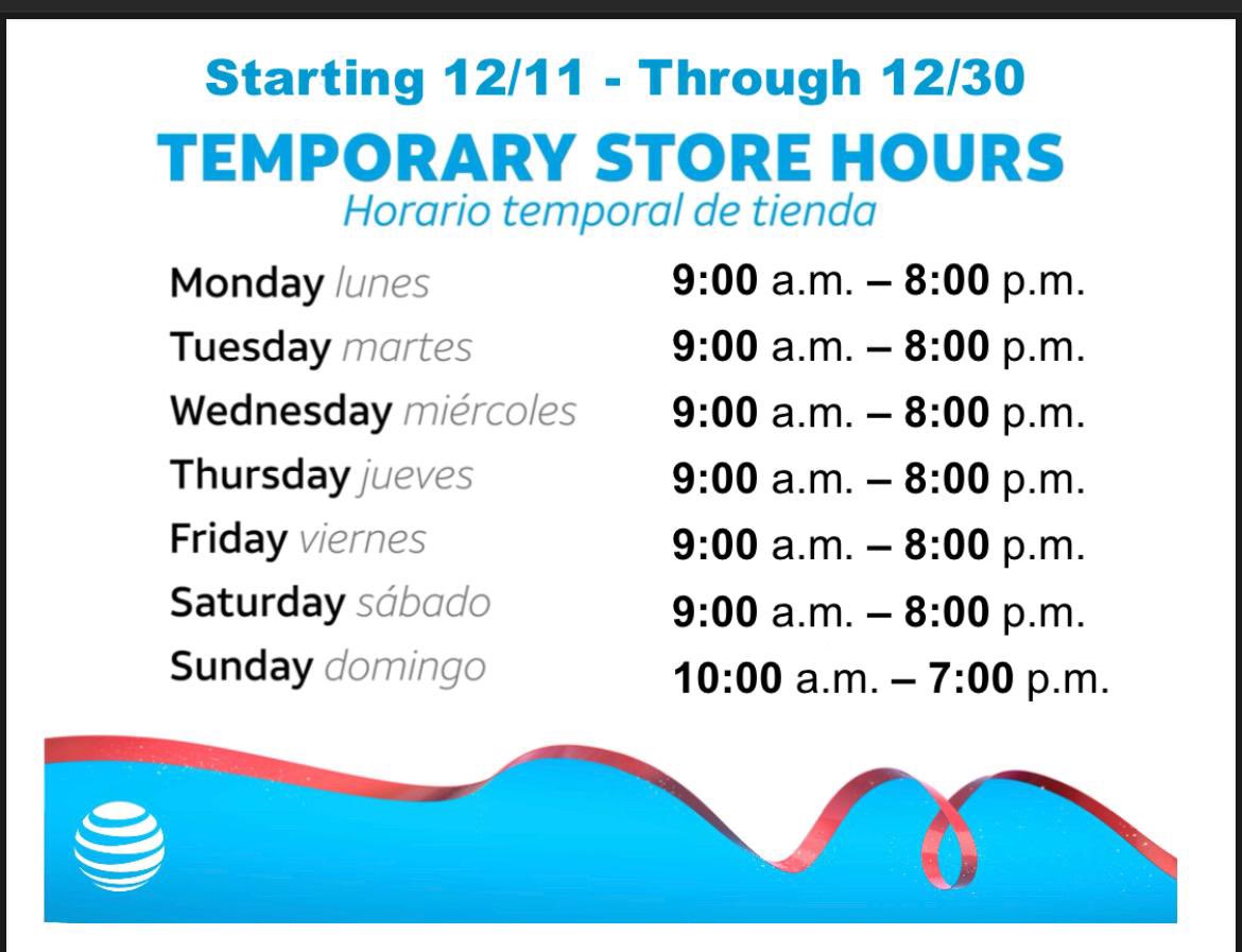 CiceroATT's tweet photo. Hello AT&amp;T Family we just want to let you know that for the remainder of December we will be open earlier to help you finish up that Christmas shopping 😁🛍🎁@TownofCicero @TOCPolice @Chicago_Police @chicago #hereforyou #wecanhelpyou #MerryChristmas https://t.co/aWn8gaGa6H