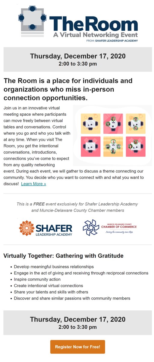 Join the Chamber and Shafer Leadership Academy for a virtual networking opportunity on Thursday (12/17)!