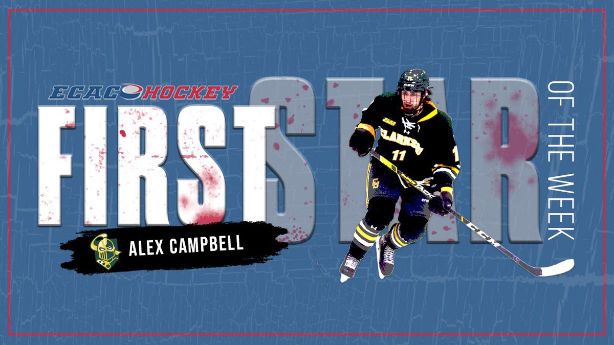ecachockey's tweet photo. FIRST ⭐️

Alex Campbell scored in each game for @ClarksonMHockey this week, finishing with six points (2G, 4A). He exploded for four points (2G, 2A) in Sunday's 6-2 win over Mercyhurst.

#ECACHockey  |  #LetsGoTech https://t.co/1nrCpOeVqB