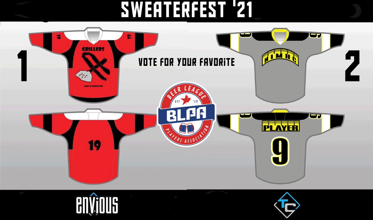 TheBLPA's tweet photo. Welcome to #Sweaterfest by @TheBLPA and @Enviousgamewear. One team will win a free set of custom jerseys and you get to decide who. Retweet to vote for #1 and Like to vote for #2.  #beerleague #hockey https://t.co/6CStMATXQK