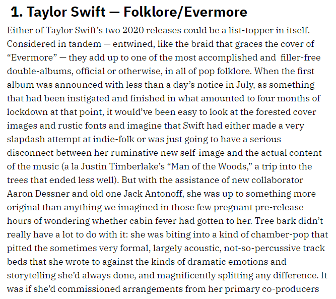 TChartSwift's tweet photo. Chris Willman (@ChrisWillman) from Variety ranked "#folklore" &amp; "#evermorealbum" as the #1 Best Albums of 2020.

“Either of Taylor Swift’s two 2020 releases could be a list-topper in itself.” https://t.co/x4VGLLn5Xi