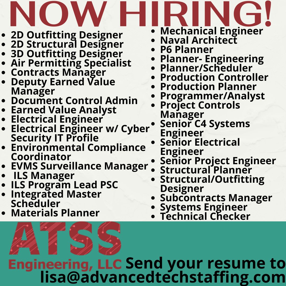cypressemployme's tweet photo. ATSS Engineering has various clients in different locations hiring for various positions!   #hiring #recruiting #jobseeker #jobsearch #lookingforwork #deigner #outfitting #manager #contracts #value #scheduler #planner #mechanical #engineer #programmer #production https://t.co/tsocaHJrF0