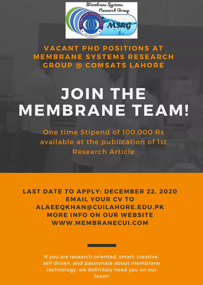 Khans_Lab's tweet photo. We are hiring!!! We have multiple open PhD positions in the field of membrane technology. Please spread the word to promising candidates. 
@AcademicChatter @MMmembranes https://t.co/mLQd6LtsSX